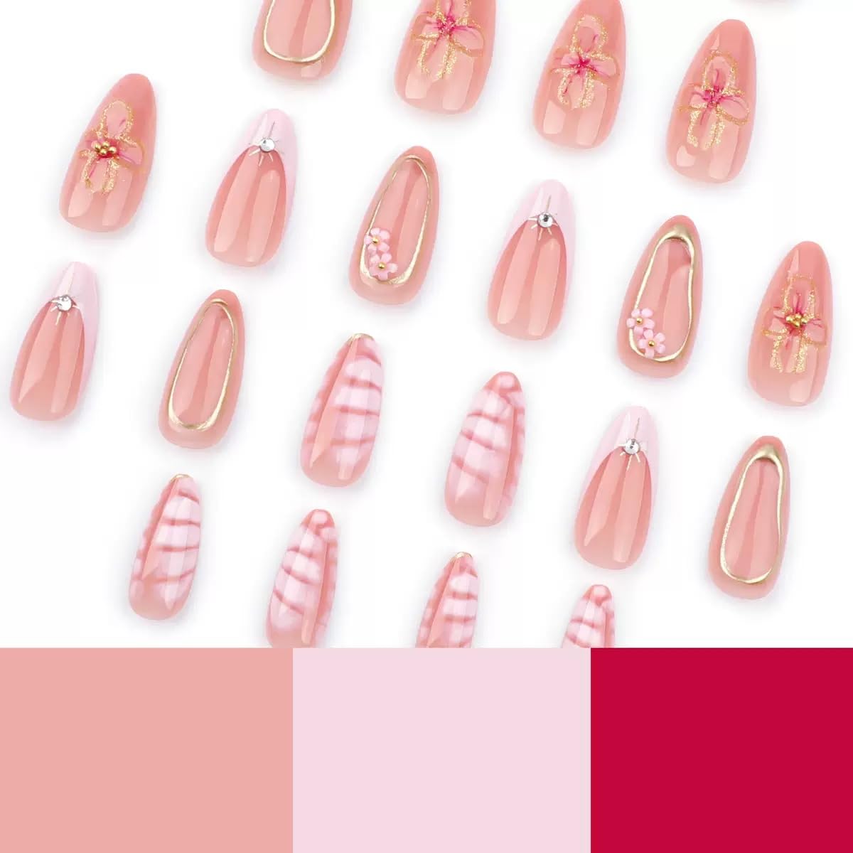 Press on Nails Medium Almond Fake Nails with 3D Flower Charms Design Pink False Nails Gold Line Acrylic Nails French Tip Glue on Nails Full Cover Stick on Nails for Women Manicure 24Pcs