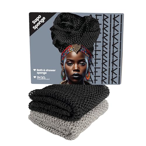 AFRIKI African Net Sponge, African Exfoliating Sponge, Black Owned, Exfoliating Washcloth, Body Exfoliator for Bath and Shower, Back Scrubber, Dead Skin Remover (Black, Grey, 1 Count (Pack of 2))