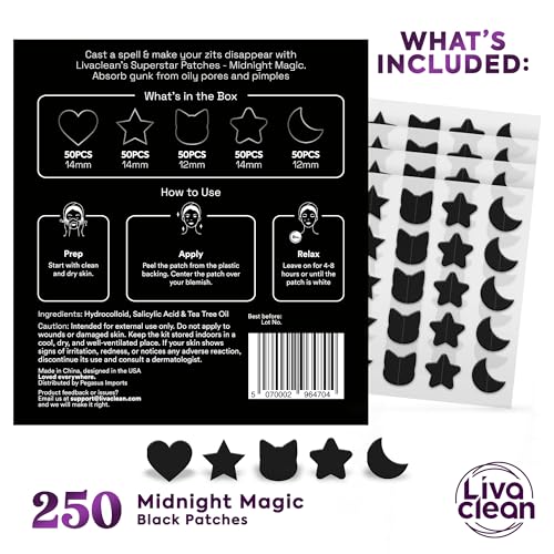 LivaClean 250CT Black Star Pimple Patches Midnight Magic w/Salicylic Acid & Tea Tree Oil - Pimple Patches for Face, Hydrocolloid Acne Patch, Cute Face Stickers, Zit Patch
