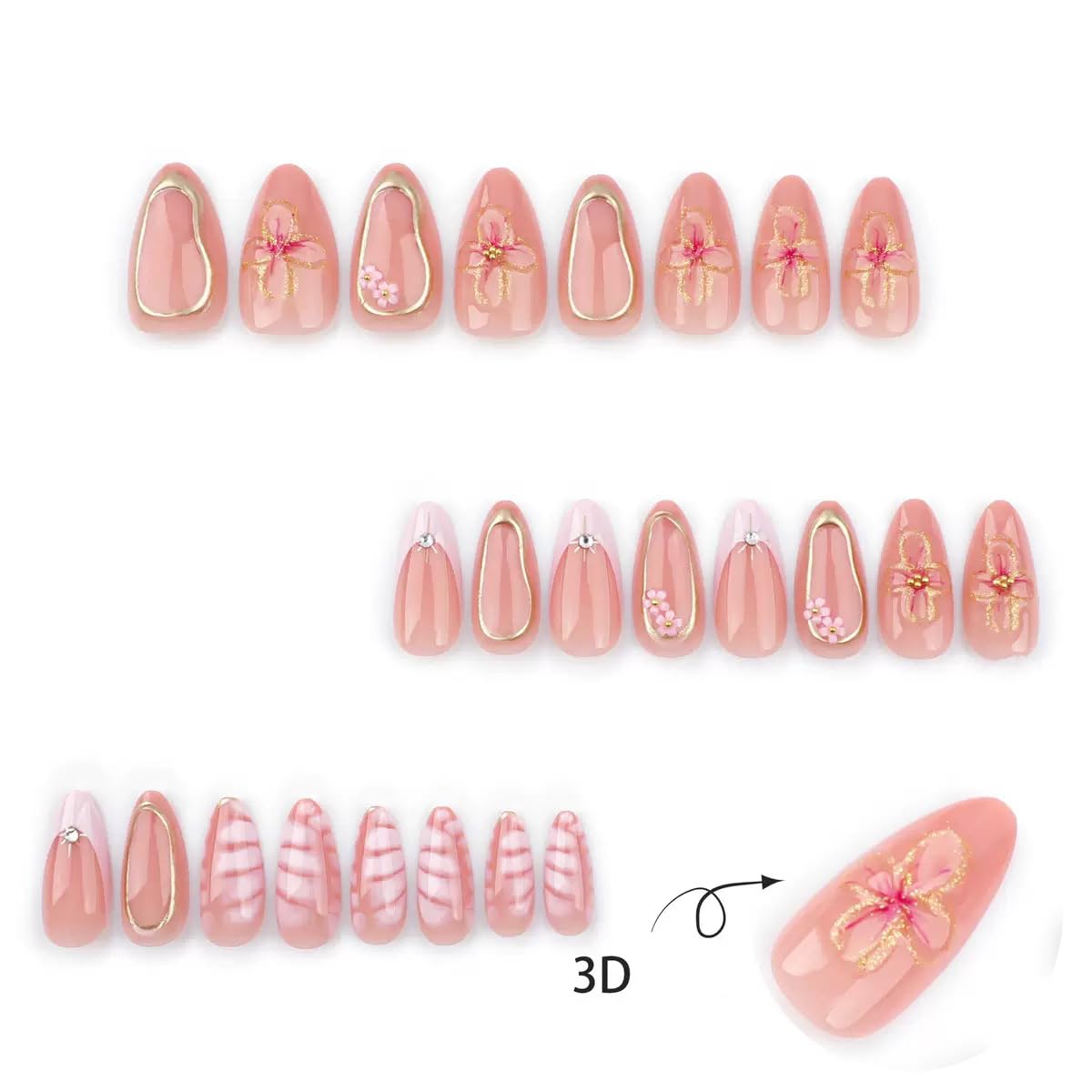 Press on Nails Medium Almond Fake Nails with 3D Flower Charms Design Pink False Nails Gold Line Acrylic Nails French Tip Glue on Nails Full Cover Stick on Nails for Women Manicure 24Pcs