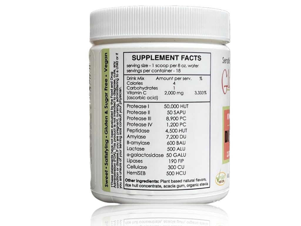 Sufficient C - Glutenizer Force Plus Kiwi-Strawberry Digestive-Ade Drink Mix - Premium, Full Spectrum Vegan enzymes Plus 2,000 mg. Gut Healing Vitamin C - Acid Indigestion & Stomach Bloat Solution