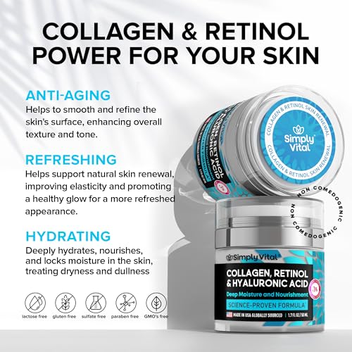 SimplyVital Anti-Aging Collagen Retinol Cream for Face, Neck & Décolleté with Hyaluronic Acid - Made in USA, Daily Collagen, Retinol & Hyaluronic Acid Cream, 2-Pack