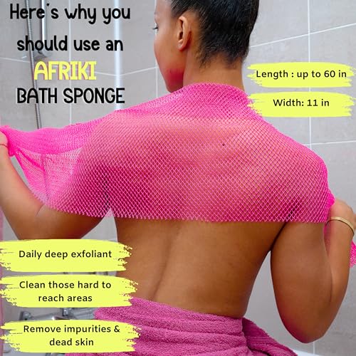 AFRIKI African Net Sponge, African Exfoliating Sponge, Black Owned, Exfoliating Washcloth, Body Exfoliator for Bath and Shower, Back Scrubber, Dead Skin Remover (Black, Grey, 1 Count (Pack of 2))