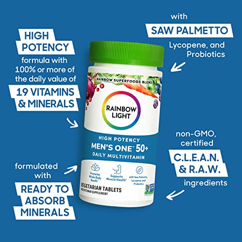 Rainbow Light Multivitamin for Men 50+, Vitamin C, D & Zinc, Probiotics, Men's One 50+ Multivitamin Provides High Potency Immune Support, Non-GMO, Vegetarian, 150 Tablets
