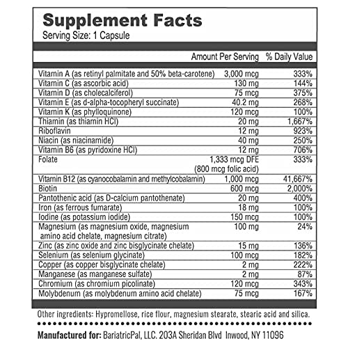 BariatricPal Multivitamin ONE 1 per Day! Bariatric Multivitamin Capsule with 18mg Iron (90 Count)