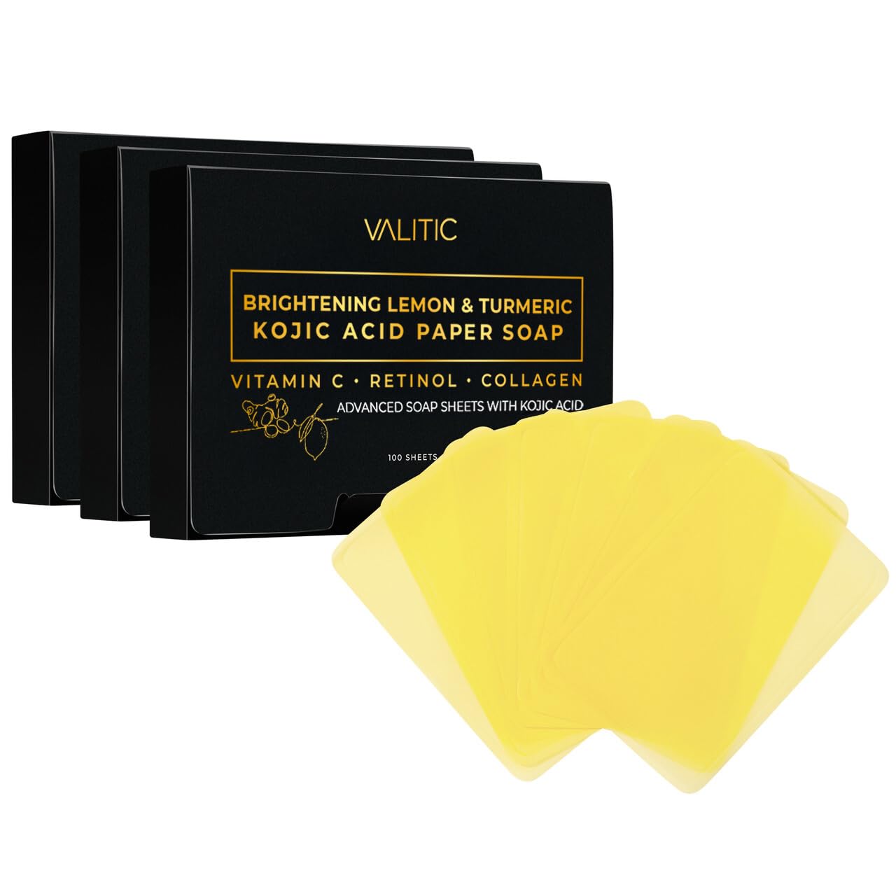 VALITIC Brightening Lemon Turmeric Kojic Acid Paper Soap - Vitamin C, Retinol, Collagen - Original Japanese Complex - Hyaluronic Acid, Vitamin E, Shea Butter, Castile Olive Oil - 3 Pack