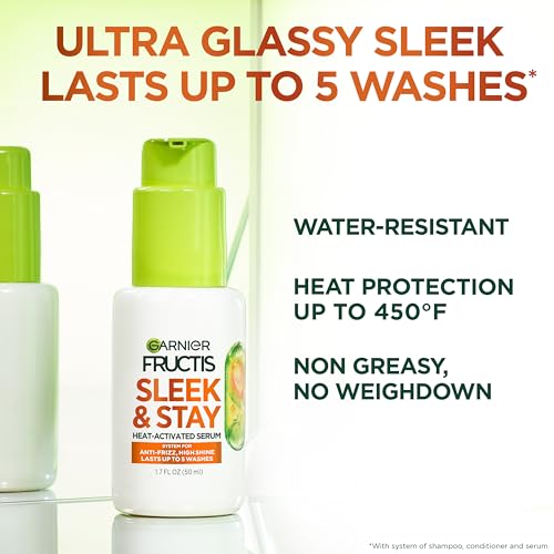 Garnier Fructis Sleek and Shine Sleek and Stay Hair Serum for Frizzy, Dry Hair, Heat Protectant Formulated with Alpha Silane, 1.7 Fl Oz(Packaging May Vary)