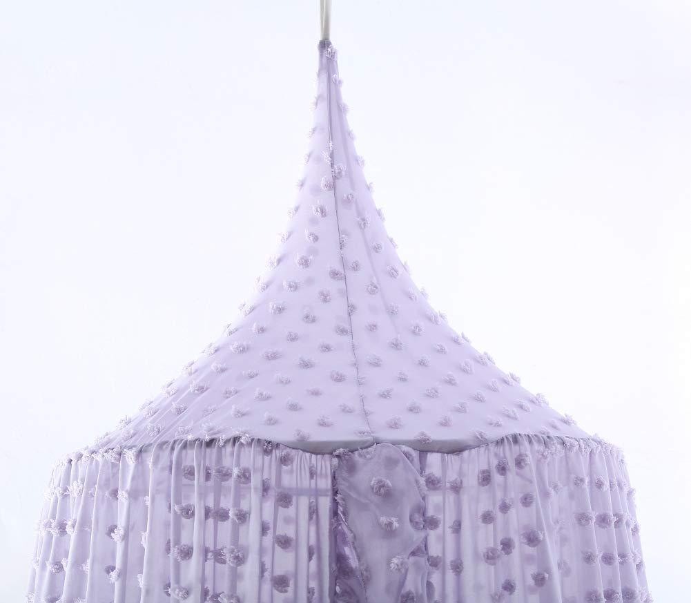 Kids Bed Canopy for Girls, Beige Crib Princess Hanging Children Canopy Tent, Toddler Girl Bed Netting for Baby Room Bedroom Reading Nook, Macrame Lace Boho Nursery with Pom Pom