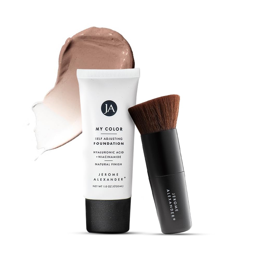 Jerome Alexander My Color Self-Adjusting Foundation, Hydrating & Lightweight Face Makeup, Skincare-Infused, with Kabuki Brush, Medium Dark, 1 oz