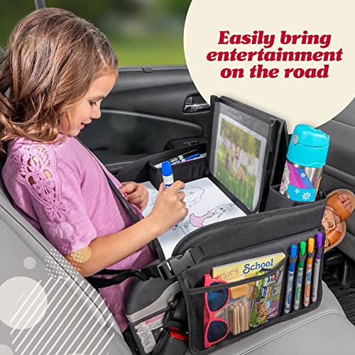 Lusso Gear Kids Travel Tray for Car - Road Trip Essentials for Kids - Car Seat Tray for Kids Travel - Toddler Travel Lap Desk and Organizer - Holds Snacks, Water Bottle, Toys (Black)