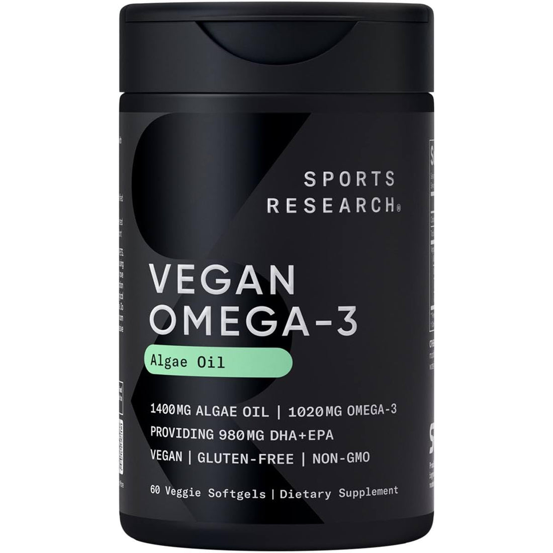Sports Research Vegan Omega-3 Fish Oil Alternative from Algae Oil - Highest Levels of Vegan DHA & EPA Fatty Acids | Non-GMO Verified & Vegan Certified - Fresh Lemon Scent - 60 Veggie Softgels