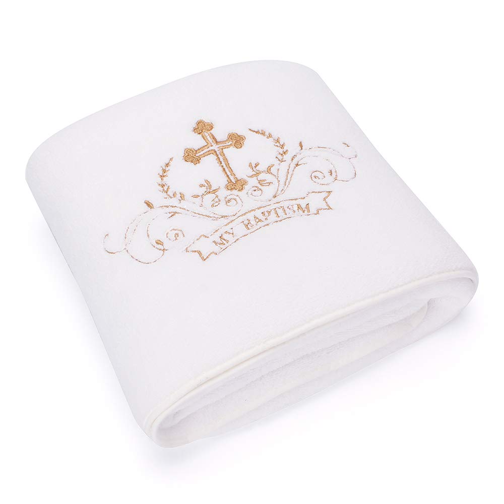 My Baptism Baby Christening Dedication White Blanket with Embroidered Cross Premium Soft Warm Cozy Coral Fleece Toddler, Infant or Newborn Receiving Blanket