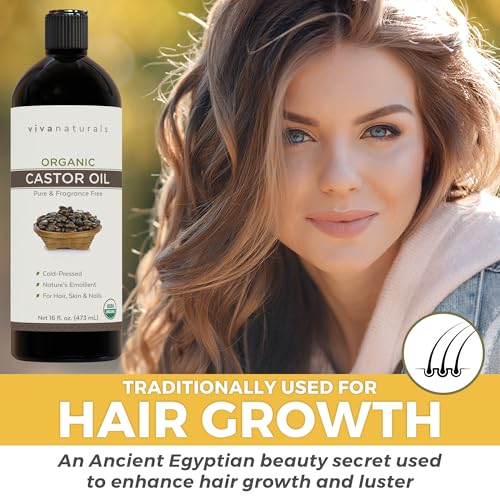 Viva Naturals Organic Castor Oil for Eyelashes and Eyebrows (16 fl oz) - USDA Certified Organic, Cold Pressed Castor Oil, Natural Hair Oil & Eyelash Serum, Beauty Kit Included