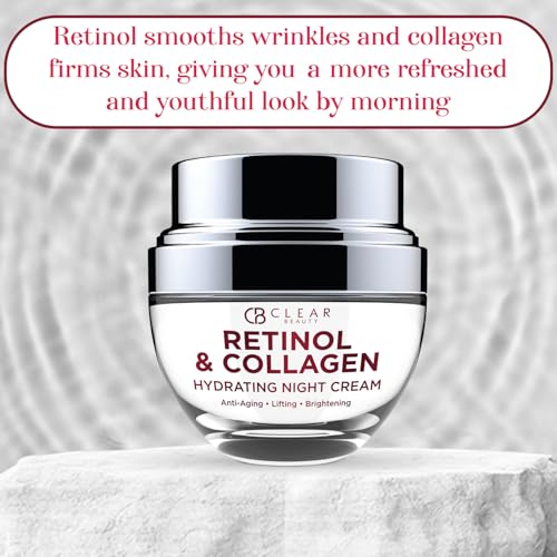 Clear Beauty Retinol & Collagen Night Face Moisturizer - Dermatologist Tested, Moisturizes, Reduces Wrinkles & Fine Lines, Hydrating Cream, Cruelty-Free Korean Skin Care, All Skin Types - 1.69 oz
