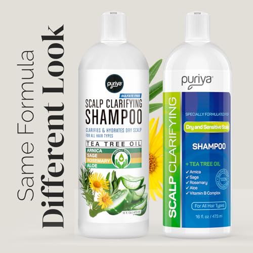 Puriya Tea Tree Clarifying Shampoo. Plant Rich Dry Itchy Scalp Relief, for Kids, Adults, Sulfate Free, No Harsh Chemicals Seen in Dandruff Treatment, Seborrheic Dermatitis, Psoriasis Shampoo, 16 oz