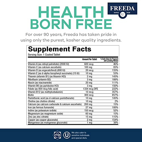 FREEDA Prenatal Vitamin - Kosher Prenatals - Prenatal Vitamins with Iron, Prenatal Folic Acid, Choline, Vitamin D - One Daily Pre Natal Multivitamin Support for Pregnant & Lactating Women (250)