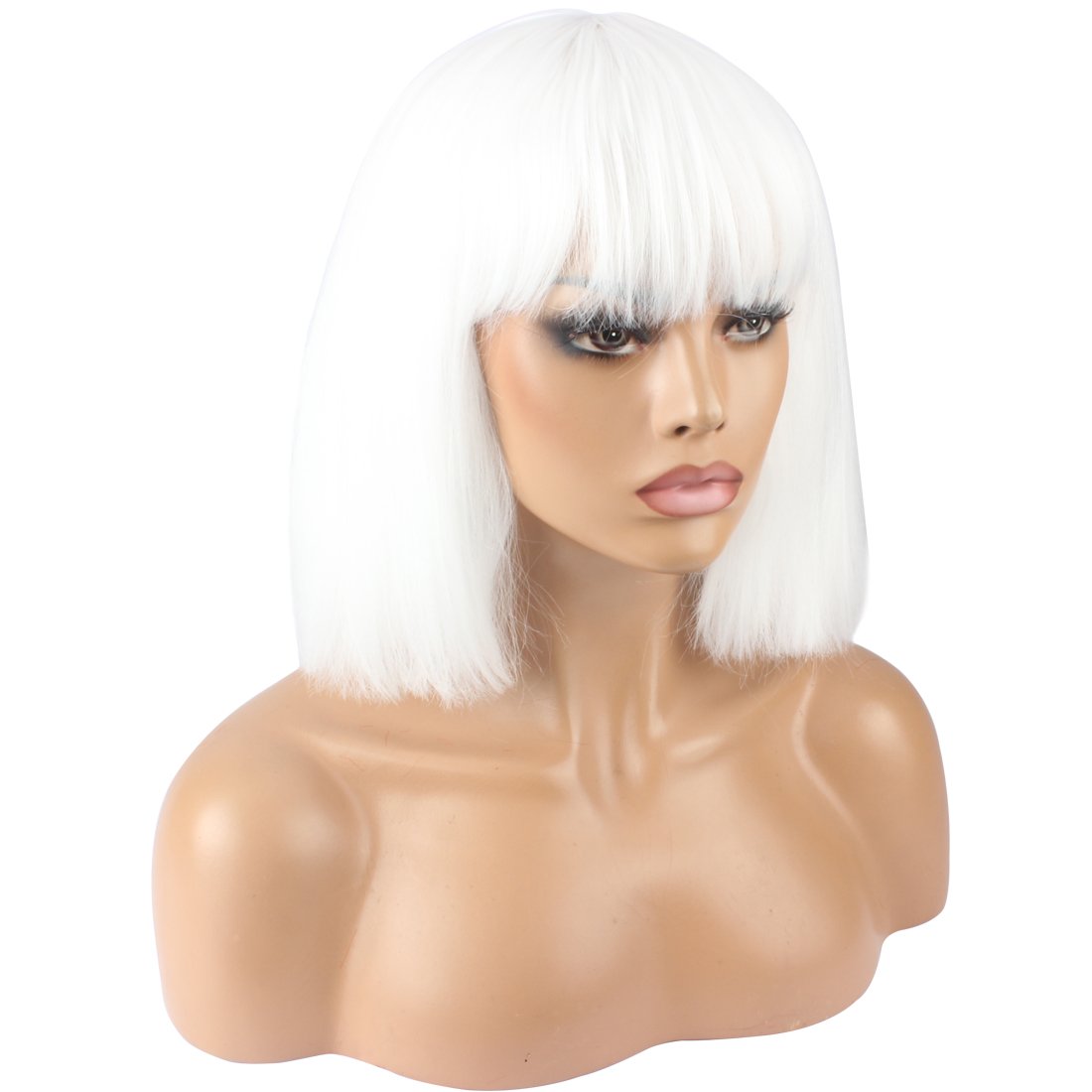 Solid White: Weken Women'S Fashion Wig Short Bob Kinky Straight Full Bangs Synthetic Hairpieces Solid White