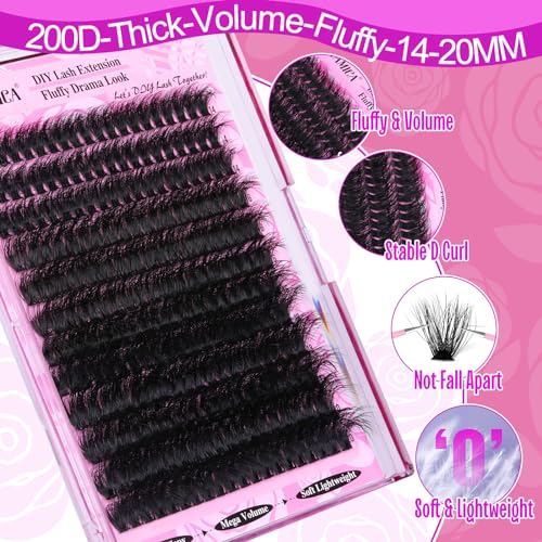 Yawamica Fluffy Lash Clusters Thick 200D Volume Eyelash Clusters 14-20mm Wispy Individual Lashes D Curly Cluster Eyelash Extensions 240pcs DIY Lash Extension for Beginners