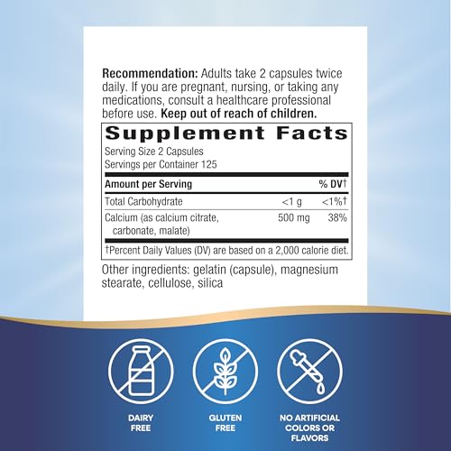 Nature's Way Calcium Citrate, 500 mg Calcium per 2-Capsule Serving, for Bone Health & Muscle Function*, Blend of Citrate, Carbonate & Malate, Gluten Free, 250 Capsules (Packaging May Vary)