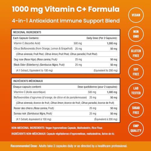 NutraChamps Vitamin C 1000mg with Rose HIPS, Vitamin C Supplement with Elderberry & Citrus Bioflavonoids, Kids Immune Boosting Supplement, 500mg Vitamin C Capsules Pill
