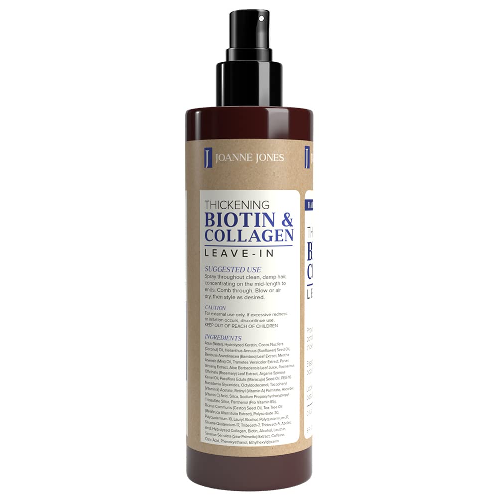 Joanne Jones Thickening Biotin & Collagen Leave-In Conditioner, 8-fl oz Spray Bottle, Boost Moisture and Shine for All Hair Types