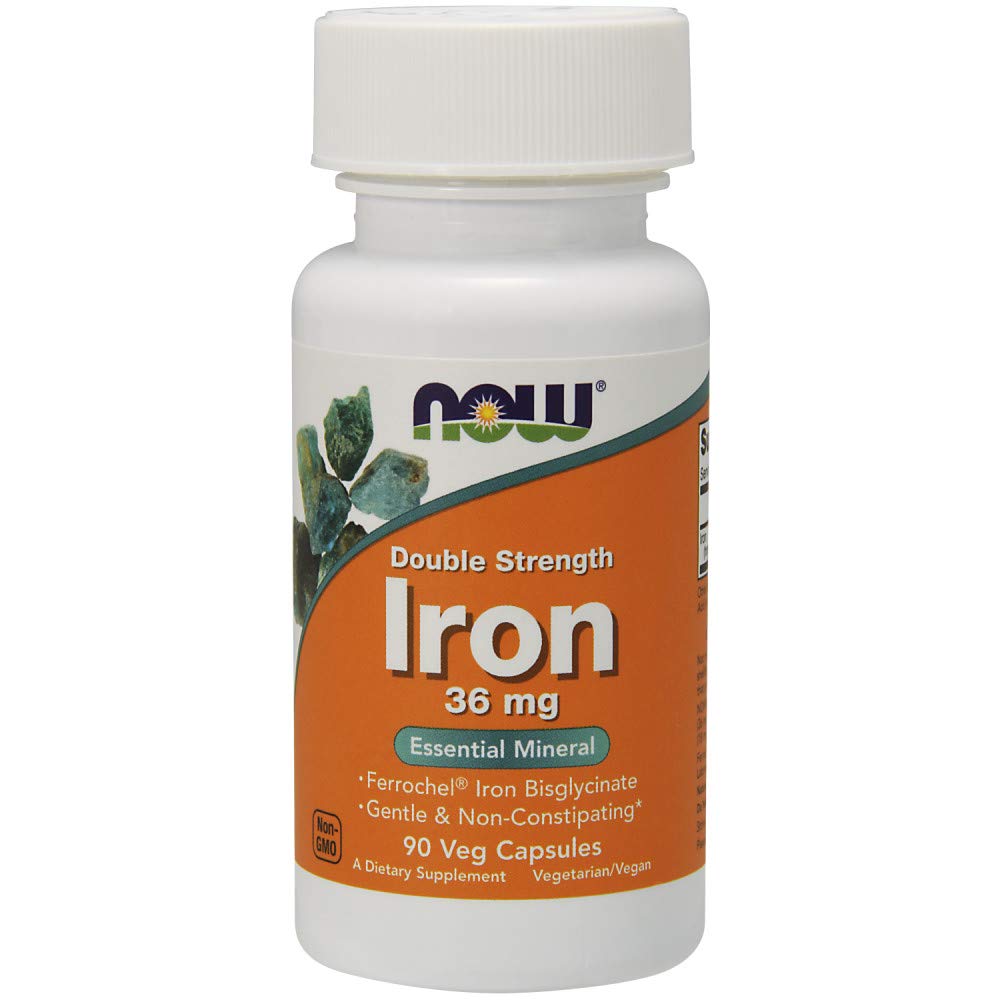 NOW Supplements, Iron 36 mg, Double Strength, Non-Constipating*, Essential Mineral, 90 Veg Capsules
