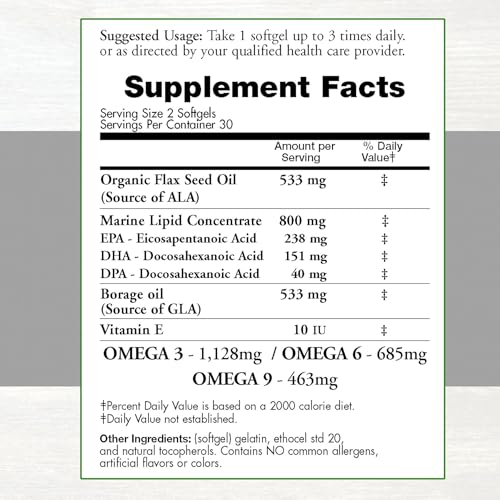 Natural Omega 3-6-9 Blend with DPA, EPA, DHA, ALA and GLA and Organic Flax Seed Oil Plus Wild Caught Natural Fish Oil - Over 2,800 Milligram Strength - Gluten Free - Made in The USA - 60 SoftGels