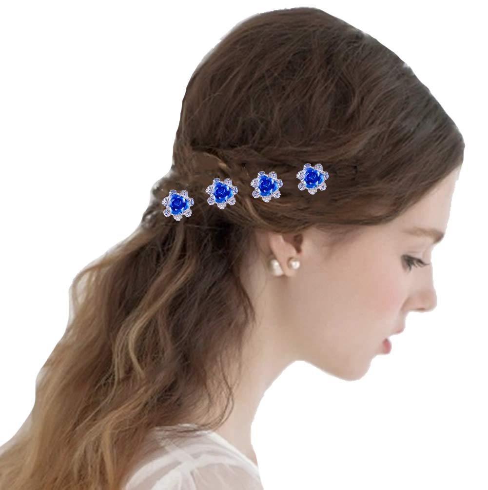 Royal Blue Set: Insowni 40Pcs Bridal Wedding Rhinestone Rose Flower U-Shaped Hair Pins & 6Pcs Twist Pearl Hairpins Headpiece Set In Gift Box For Women Girls Bridesmaid (Royal Blue