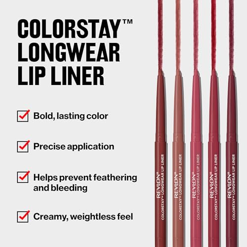 Revlon Colorstay Lip Liner Makeup with Built-in-Sharpener, Longwear Rich Colors, Smooth Application, 670 Wine, 0.01 oz