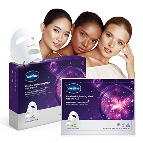 Vaseline Face Facial Mask Sheet Skin Care Essence, HYDRATION RETENTION, SKIN BARRIER REINFORCEMENT [Made in Korea] 10 Count (10 Count, Brightening)