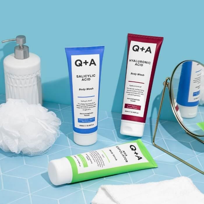 Q+A Hyaluronic Acid Body Wash, a blend of Hyaluronic Acid, Giant Kelp Extract and Saccharide Isomerate, and a fresh Apple and Avocado scent 250ml