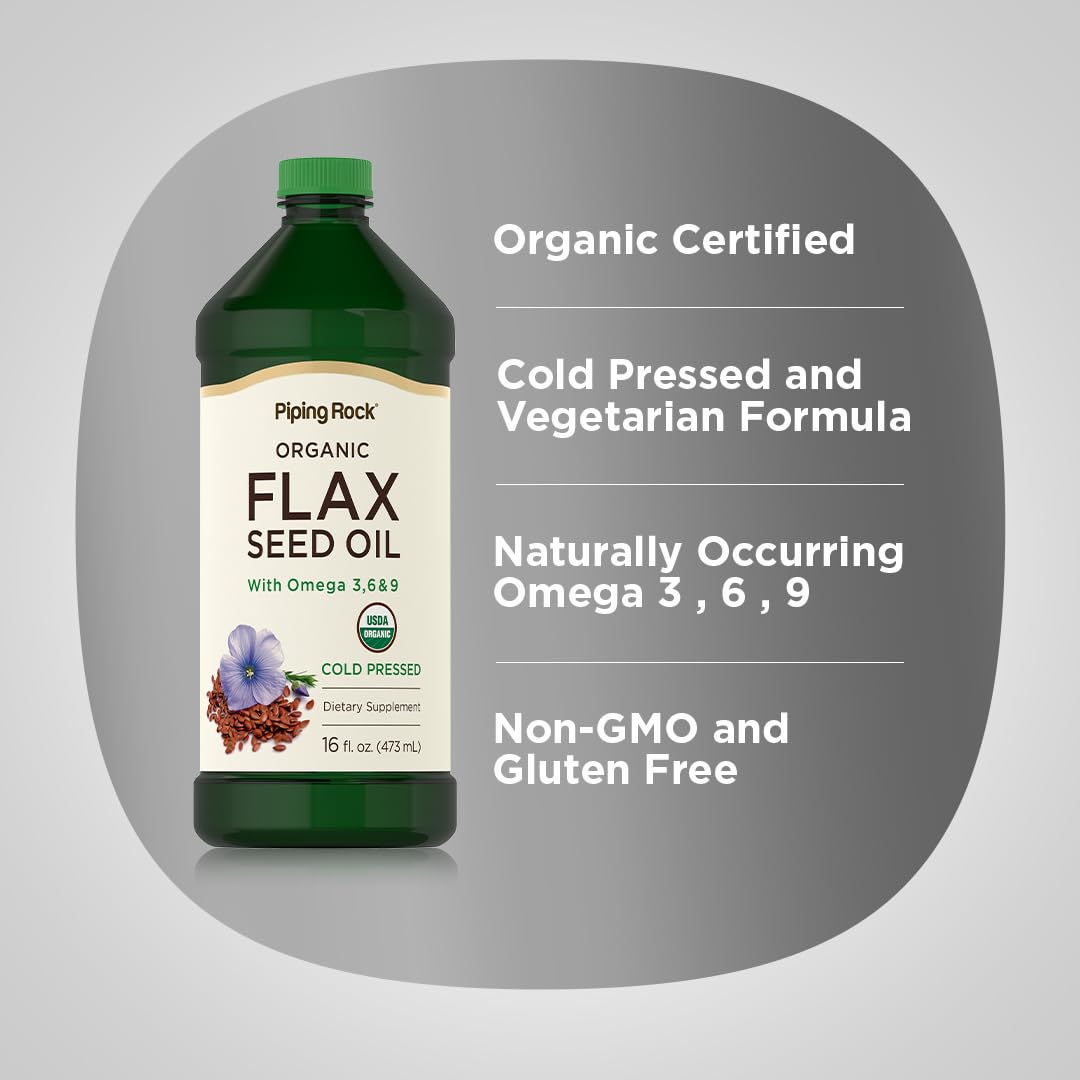 Piping Rock Flaxseed Oil | 16 fl oz | with Omega 3, 6, & 9 | Organic Cold Pressed | Non GMO, Gluten Free Supplement