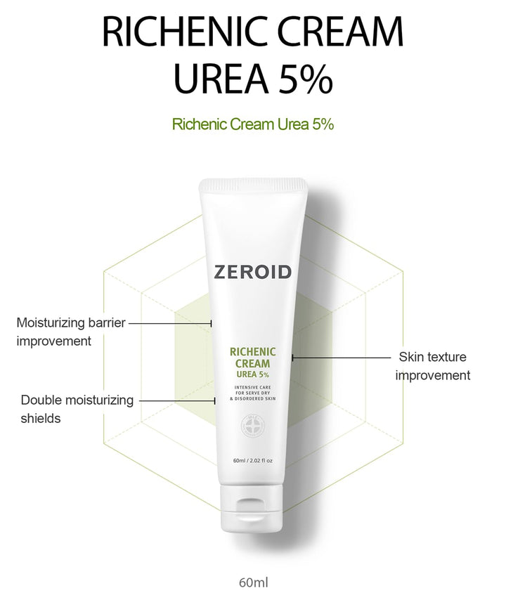 ZEROID | Richenic Cream with Urea 5% | Intensive Skin Care for Dry & Disordered Skin | Korean Face Moisturizer | Skin Lotion for Barrier Repair | Korean Dermocosmetic Skincare | 2 fl oz (60ml)