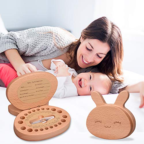 AhfuLife Baby Tooth Keepsake Fairy Box Holder with Lanugo Bottle, Wooden Bunny Rabbit Shape Keepsake Box for First Lost Teeth, Cute Tooth Storage Holder, Baby Shower Gifts for Newborn, Boy & Girl