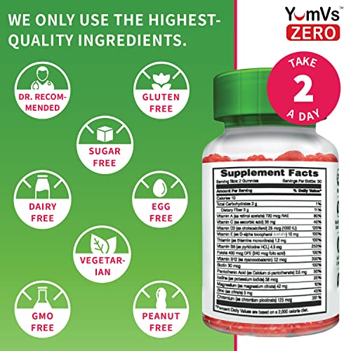 YUM-V'S YumVs Multivitamin Gummies | Sugar Free Supplement Vitamins for Women & Men | Chromium, Thiamine and Magnesium | Natural Raspberry Flavor Chewables - 60 Count
