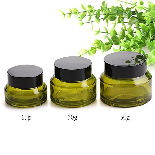 mollensiuer 4Pcs 50Ml/1.67Oz Olive Green Refillable Glass Cosmetic Jars Pot Bottles Case Empty Makeup Face Cream Lip Balm Storage Container with Black Lid and Liners