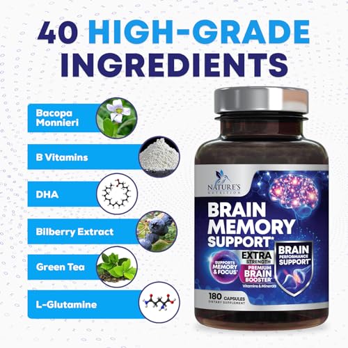 Brain Supplements for Memory and Focus - 40 Nootropics & Vitamins to Support Mental Alertness, Clarity & Concentration, Brain Health Cognitive Memory Pills, B6, B12, Phosphatidylserine - 180 Capsules