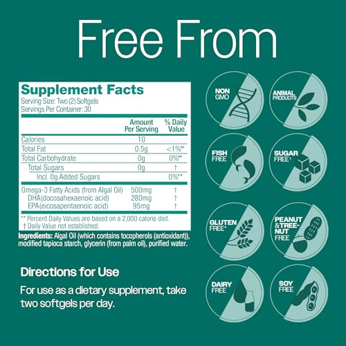 OVEGA-3 Plant-Based Omega-3 from Algal Oil Daily Supplement, 500mg, Supports Brain, Eye & Heart Health, Two Mini softgels per Day, 60 Count