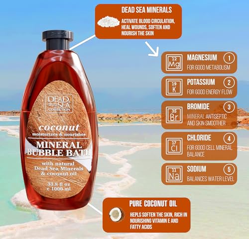 Dead Sea Collection Bubble Bath with Coconut for Women and Men - Coconut Oil and Pure Dead Sea Minerals - Nourishing and Moisturizing Skin - Pack of 2 (67.6 fl.oz)
