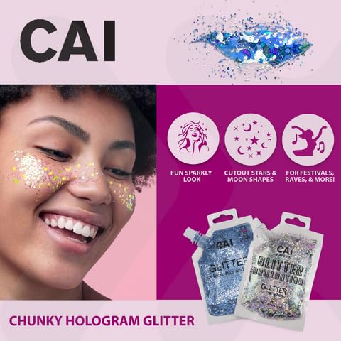 Body Glitter Gel- Face, Body & Hair (1 Pk Silver) Chunky Iridescent Holograph Stars & Moon, 3 oz | Cosmetic-Grade Makeup, Apply Without Glue, Easy to Take Off & Keep Skin Clean - for Concerts, Raves