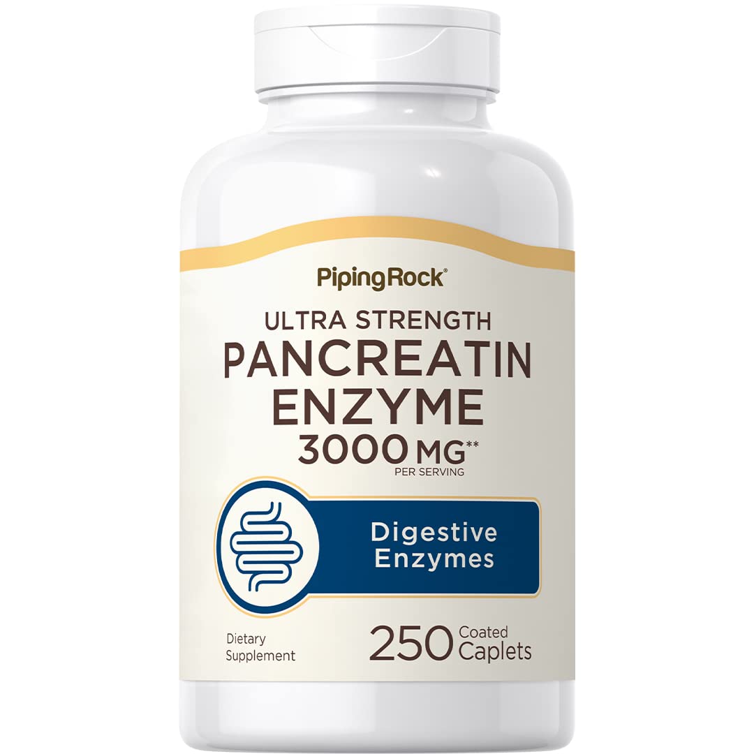 Piping Rock Pancreatin Digestive Enzymes | 3000mg | 250 Caplets | Ultra Strength | Non-GMO, Gluten Free Supplement
