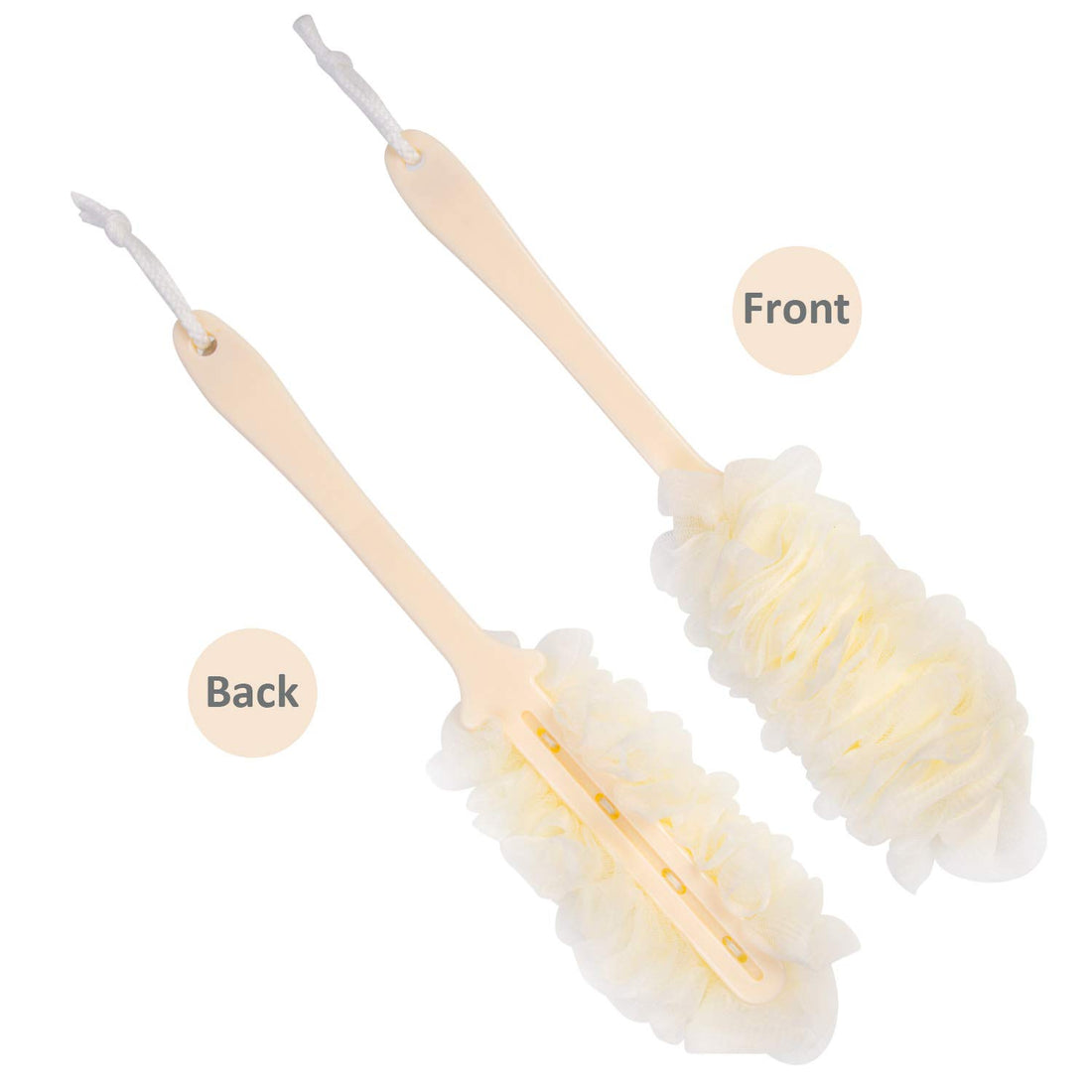 Arswin Lufa Back Scrubber for Shower, Long Handle Bath Sponge Shower Brush, Soft Nylon Mesh Back Cleaner Washer, Body Bath Brush for Women and Men, Bathroom Shower Accessories (2-Pack, White)