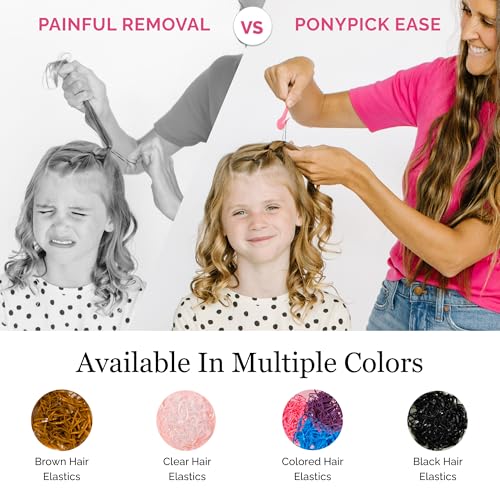THE PONY PICK Hair Elastic Rubber Bands Cutter Tool – Easy To Use, Pain Free, No Hair Damage – Ponytail Cutter Tool for Kids & Toddlers (3 Packs of Pony Pick & 50 Clear Hair Elastics)