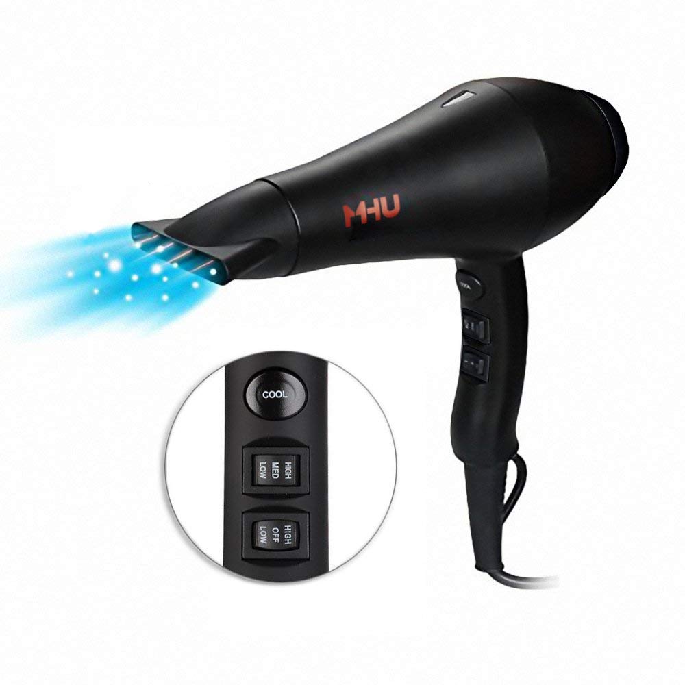 MHD Blow Dryer 1875W Professional Infrared Ionic Hair Dryer 2 Speed and 3 Heat Settings Fast Drying Plus One Concentrator And One Diffuser (Black)