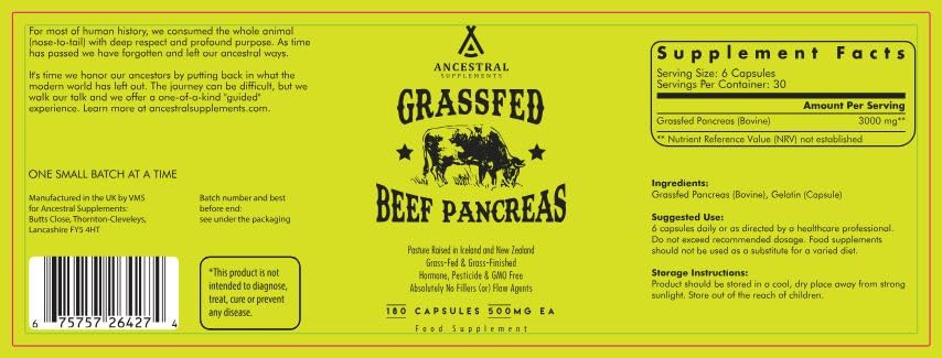Ancestral Supplements Grass Fed Beef Pancreas Supplement, 500mg, Pancreatic Support with Proteolytic Digestive Enzymes for Digestion Support, Including Trypsin, Non GMO, 180 Capsules