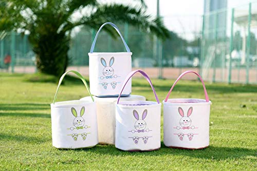 Easter Bunny Basket Egg Bags for Kids,Canvas Cotton Personalized Candy Egg Basket Rabbit Print Buckets with Fluffy Tail Gifts Bags for Easter……
