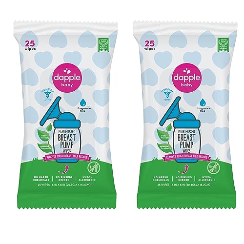 Breast Pump Wipes by Dapple Baby, Hypoallergenic & Powered by Plants, Removes Milk Residue, Leaves No Taste, Convenient Wipes Pouch, Fragrance Free, 25 Count (Pack of 2)