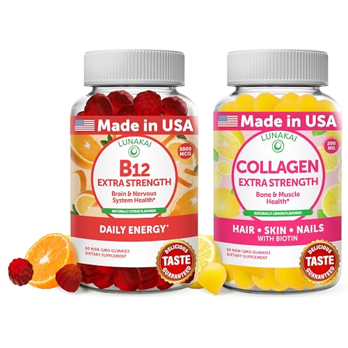 Lunakai Vitamin B12 and Collagen Gummies Bundle - 3000 mcg Methylcobalamin High Absorption Energy Gummies - Non-GMO Anti Aging Supplements for Men & Women - 30 Days Supply