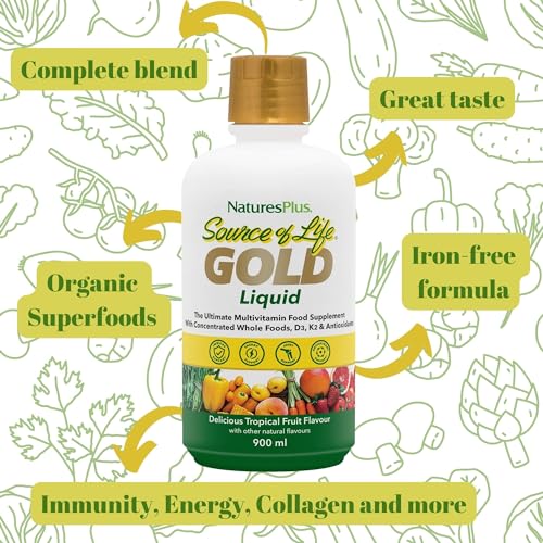 Natures Plus Source of Life Gold Multivitamin Liquid - 30 oz - with Vitamins D3, B12 & K2 - Blood, Bone & Immune Support - Vegetarian & Gluten Free - 30 Servings