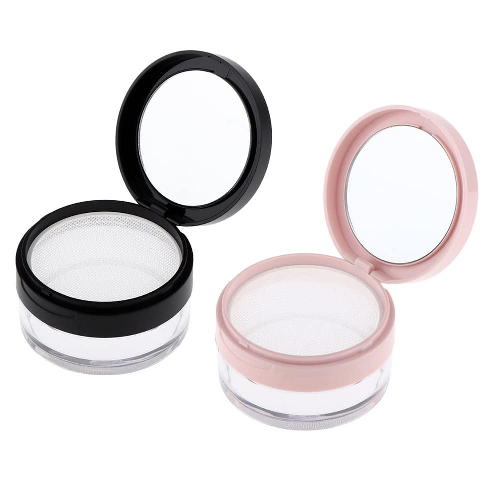 AKOAK 2 Pcs Capacity 20 ml(0.67 oz) Empty Reusable Plastic Loose Powder Compact Container DIY Makeup Powder Case with Sponge Powder Puff,Mirror and Elasticated Net Sifter (Large mesh face)